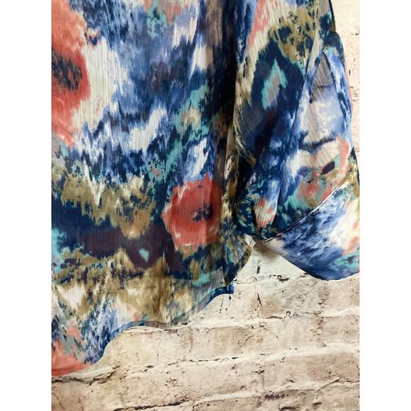 CJ Banks Top Womens 1X Watercolor Art To Wear Button Up Semi Sheer Artsy Flowy - Picture 8 of 14